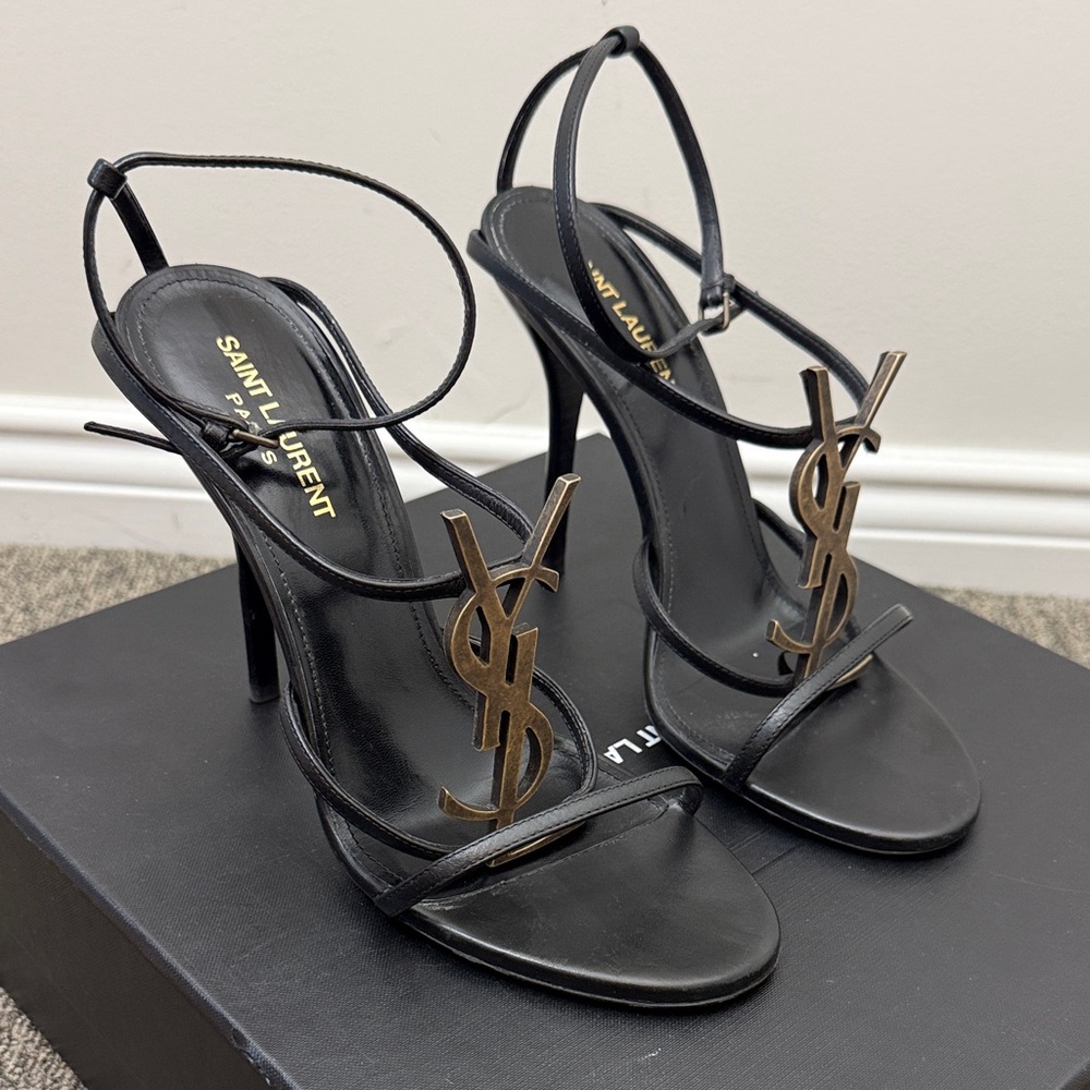 Saint Laurent CASSANDRA Black Strappy Heeled Sandals with Gold YSL size 38.5 - Picture 3 of 11